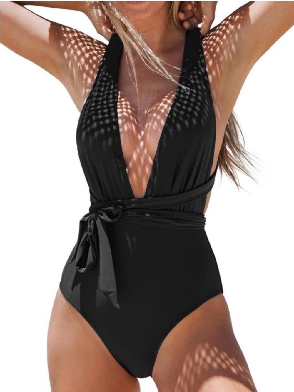 CUPSHE Women One Piece Swimsuit Size XL Black Plunge Wrap Tie Waist Swimwear NWT